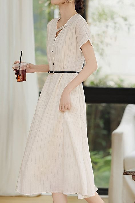 Casual commuting striped waist A-line dress - liwisi
