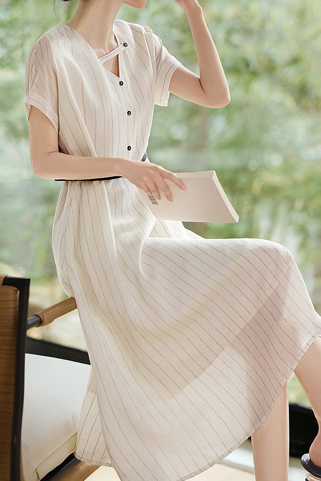 Casual commuting striped waist A-line dress - liwisi
