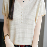 Versatile V-neck short sleeve top - liwisi
