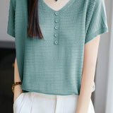 Versatile V-neck short sleeve top - liwisi