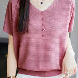 Versatile V-neck short sleeve top - liwisi