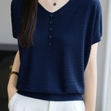 Versatile V-neck short sleeve top - liwisi