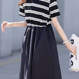 Casual striped patchwork A-line dress - liwisi