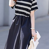 Casual striped patchwork A-line dress - liwisi