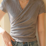Casual crossover V-neck pleated T-shirt - liwisi