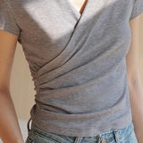 Casual crossover V-neck pleated T-shirt - liwisi