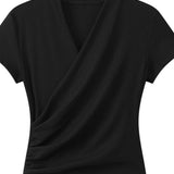 Casual crossover V-neck pleated T-shirt - liwisi