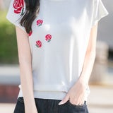French Rose Jacquard Short Sleeve Knit T-Shirt - liwisi