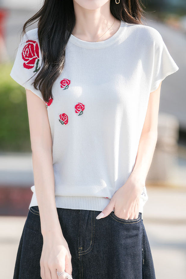 French Rose Jacquard Short Sleeve Knit T-Shirt - liwisi