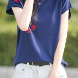 French Rose Jacquard Short Sleeve Knit T-Shirt - liwisi