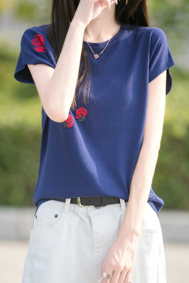 French Rose Jacquard Short Sleeve Knit T-Shirt - liwisi