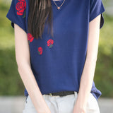 French Rose Jacquard Short Sleeve Knit T-Shirt - liwisi