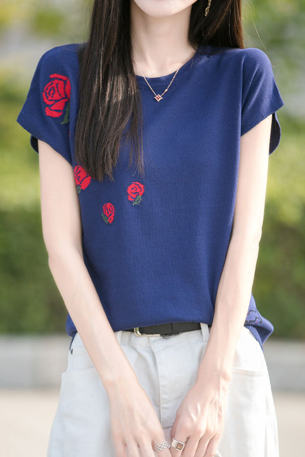 French Rose Jacquard Short Sleeve Knit T-Shirt - liwisi
