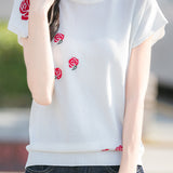 French Rose Jacquard Short Sleeve Knit T-Shirt - liwisi