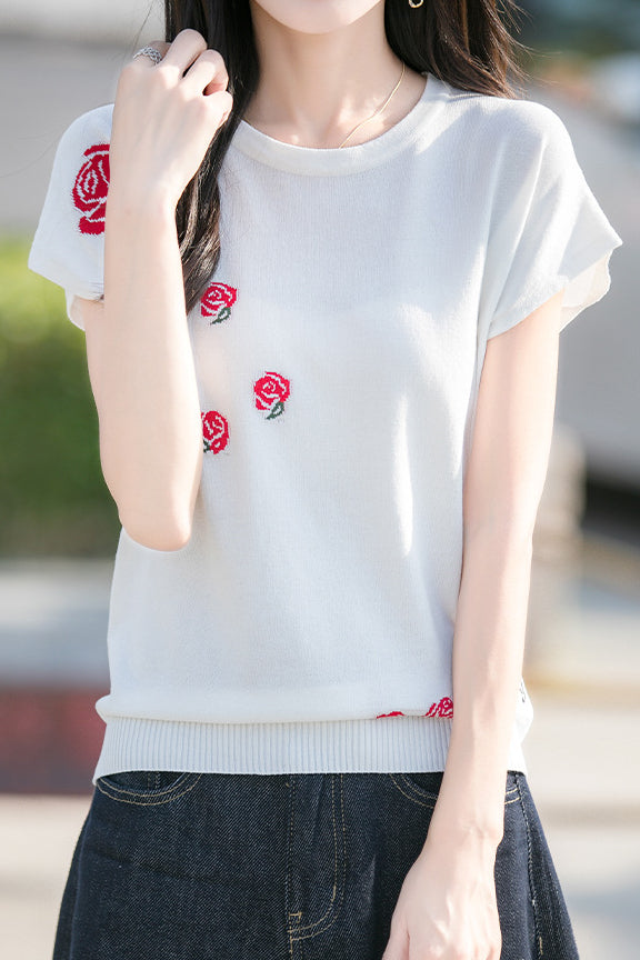 French Rose Jacquard Short Sleeve Knit T-Shirt - liwisi