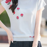 French Rose Jacquard Short Sleeve Knit T-Shirt - liwisi