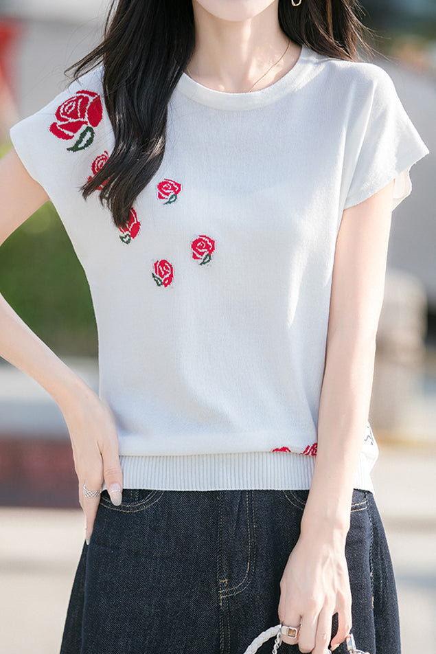 French Rose Jacquard Short Sleeve Knit T-Shirt - liwisi