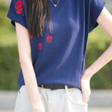French Rose Jacquard Short Sleeve Knit T-Shirt - liwisi