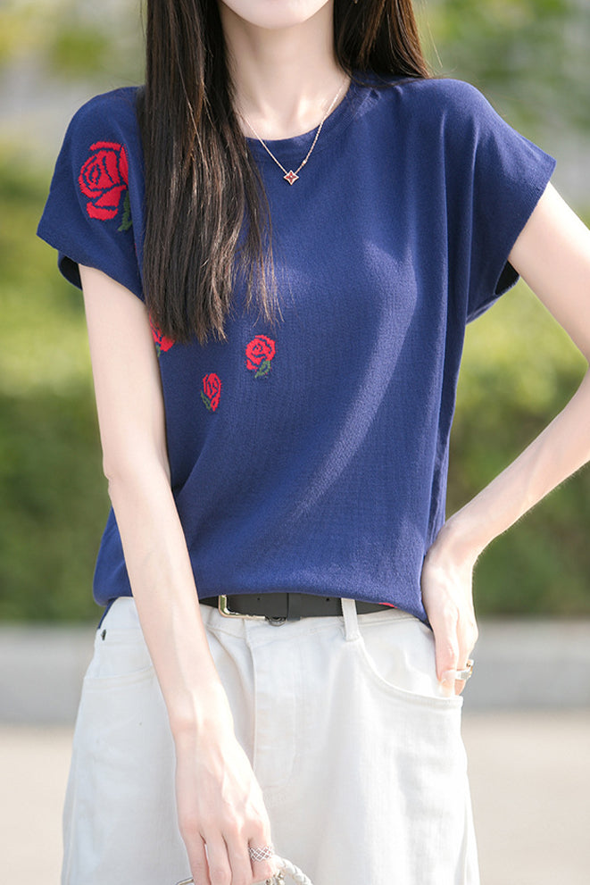 French Rose Jacquard Short Sleeve Knit T-Shirt - liwisi