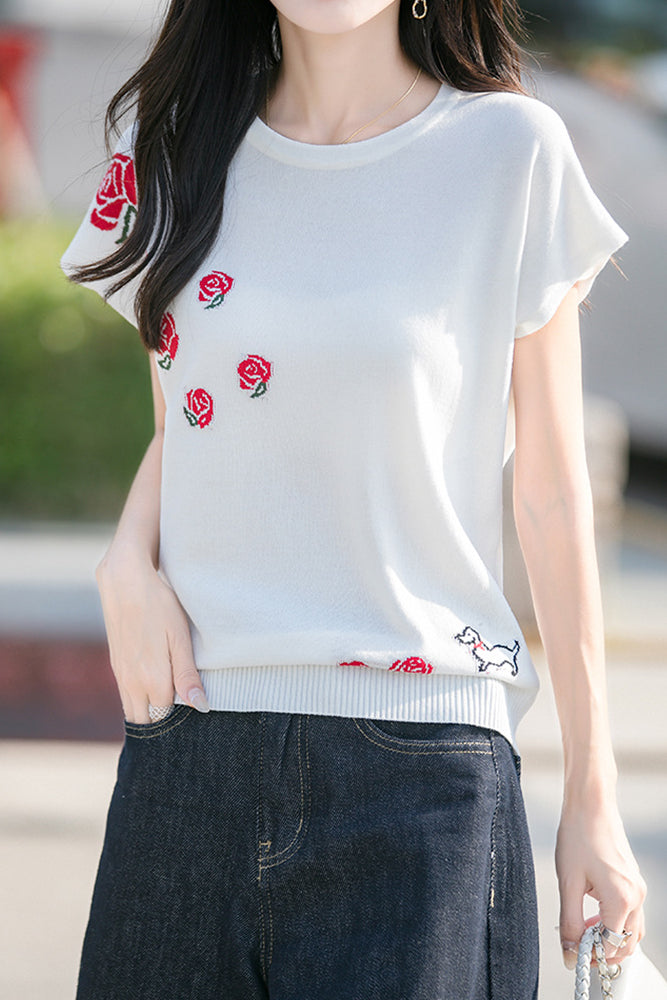 French Rose Jacquard Short Sleeve Knit T-Shirt - liwisi