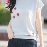 French Rose Jacquard Short Sleeve Knit T-Shirt - liwisi
