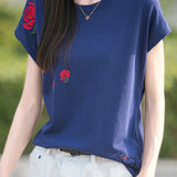 French Rose Jacquard Short Sleeve Knit T-Shirt - liwisi