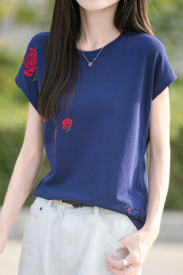 French Rose Jacquard Short Sleeve Knit T-Shirt - liwisi