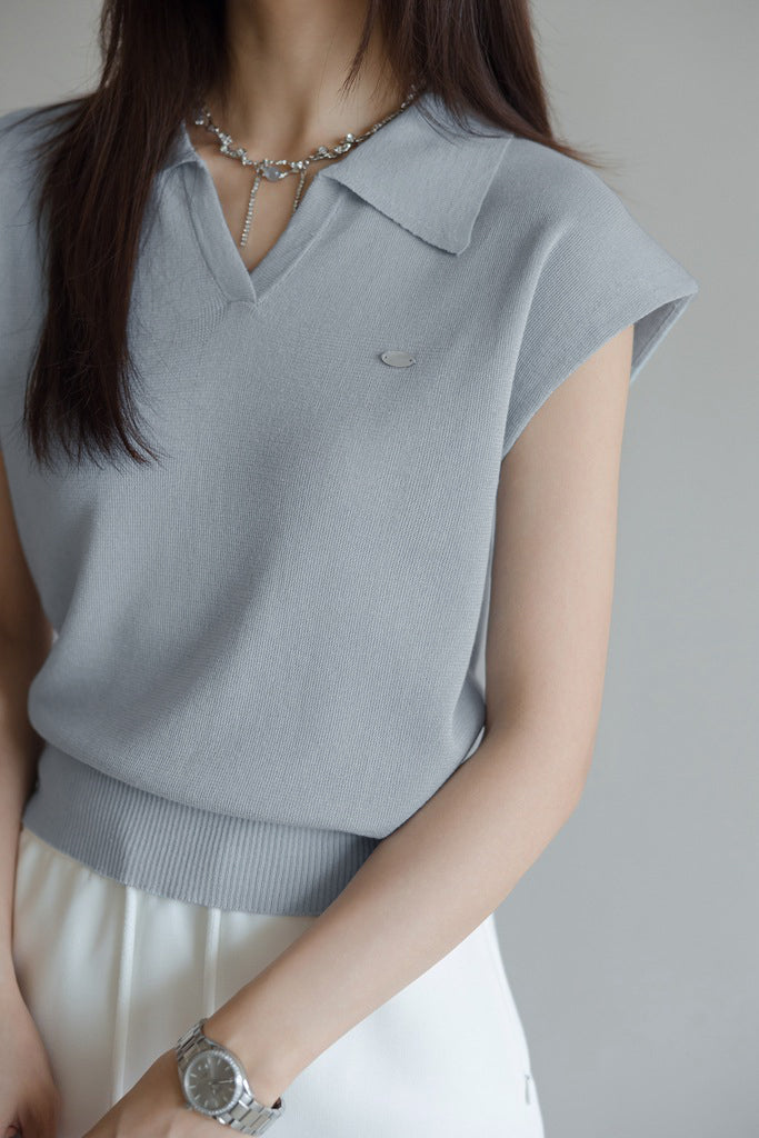 Collared Short Sleeve Knit Top - liwisi