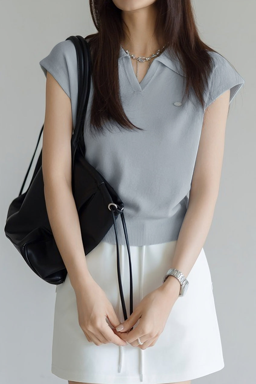 Collared Short Sleeve Knit Top - liwisi
