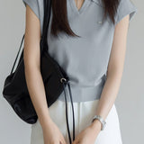Collared Short Sleeve Knit Top - liwisi