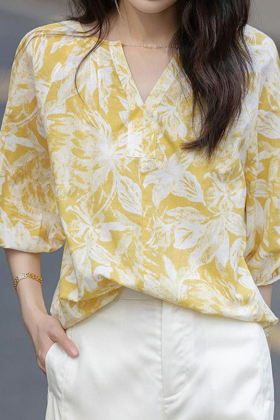 Casual small V-neck printed shirt - liwisi