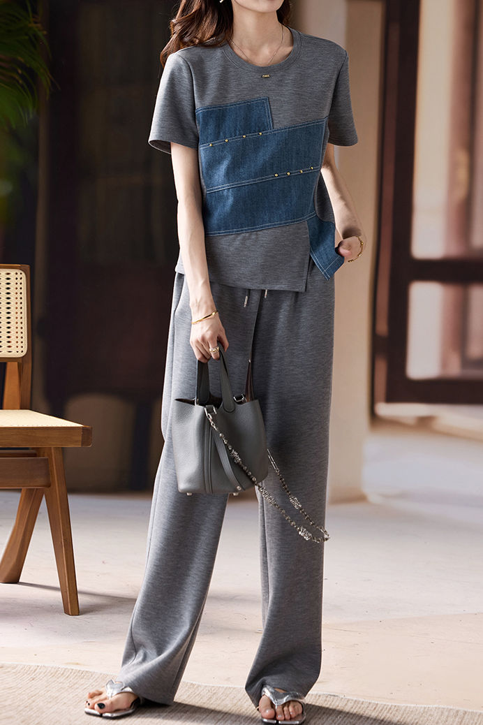 Casual denim spliced suit - liwisi