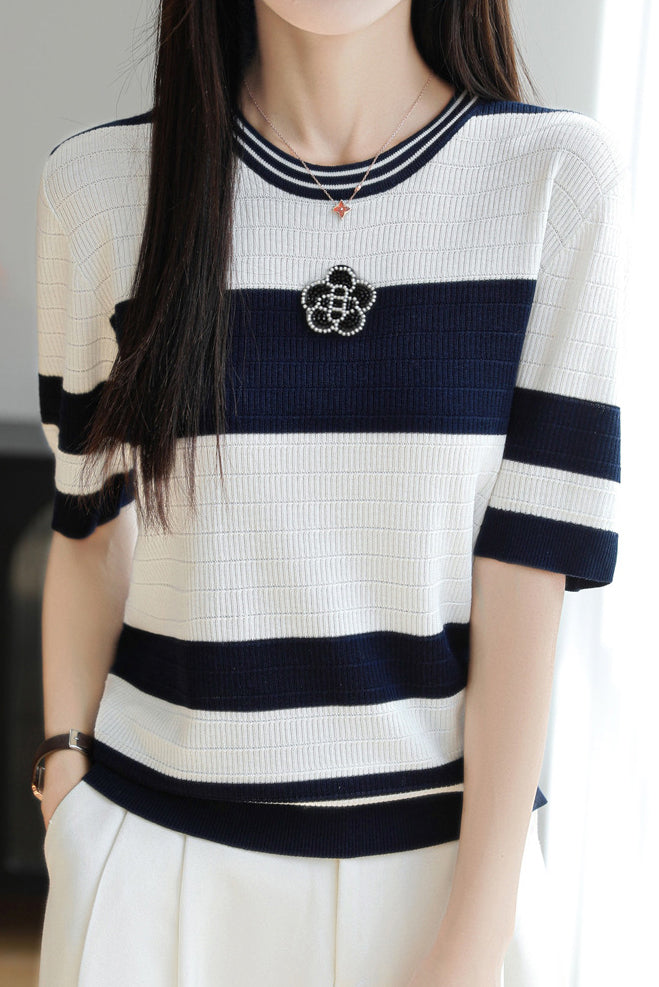 Loose casual striped short-sleeve T-shirt - liwisi