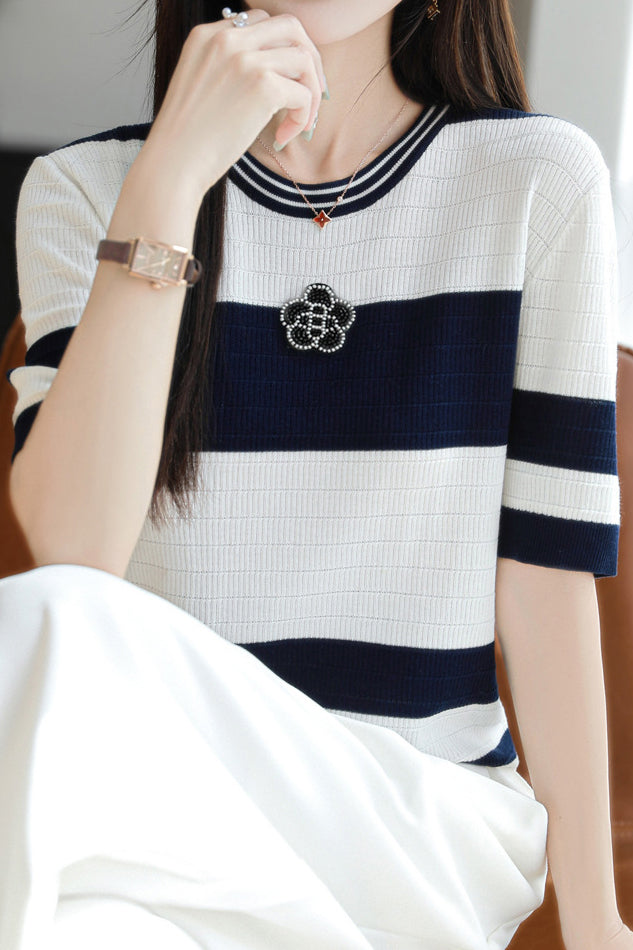 Loose casual striped short-sleeve T-shirt - liwisi