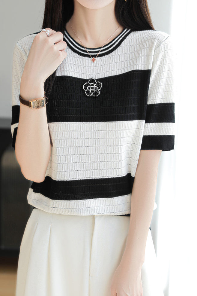 Loose casual striped short-sleeve T-shirt - liwisi