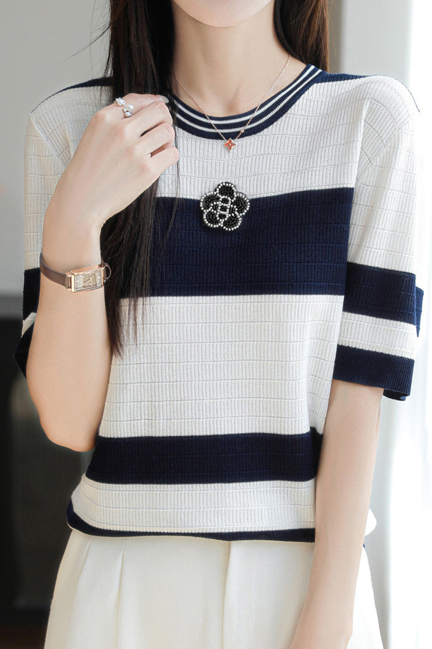 Loose casual striped short-sleeve T-shirt - liwisi
