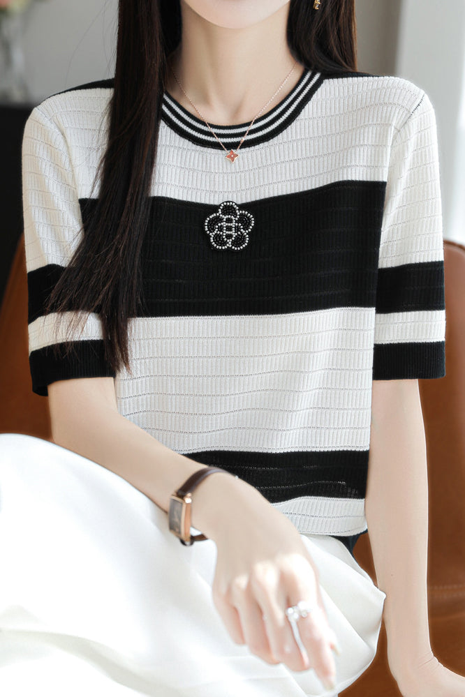 Loose casual striped short-sleeve T-shirt - liwisi