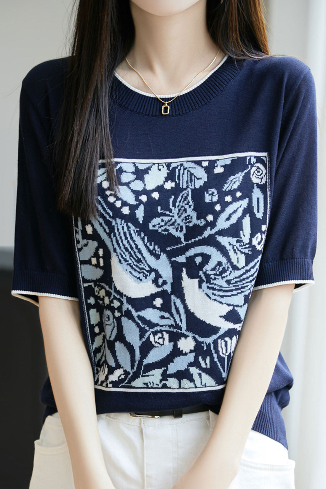 Casual crewneck bird and flower pattern knitted sweater - liwisi