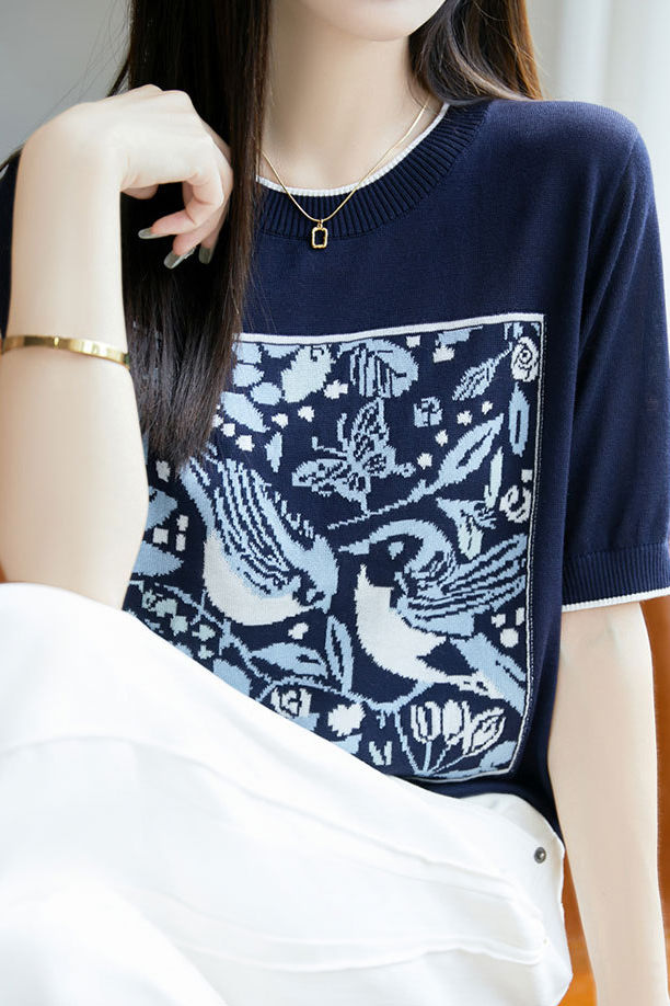 Casual crewneck bird and flower pattern knitted sweater - liwisi