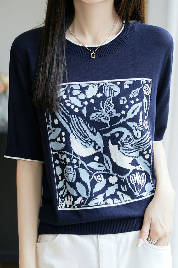 Casual crewneck bird and flower pattern knitted sweater - liwisi
