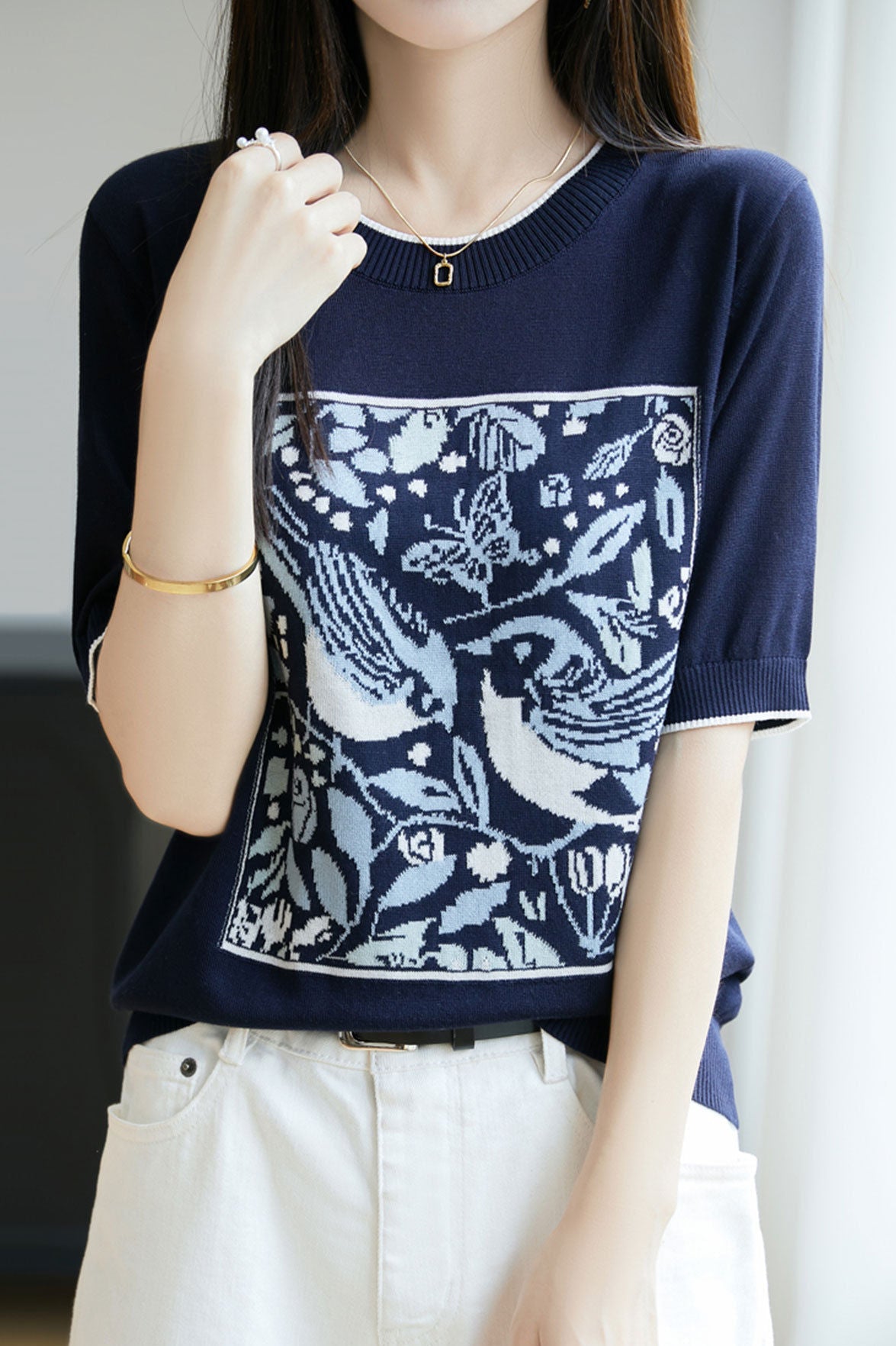 Casual crewneck bird and flower pattern knitted sweater - liwisi