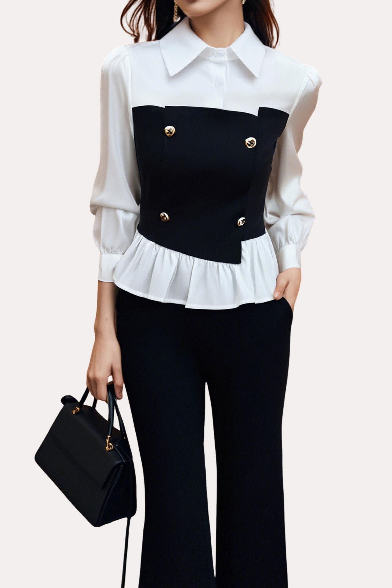 Fashion commute patchwork shirt with flared pants set - liwisi
