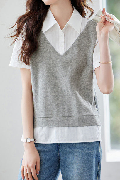 Color-block patchwork pullover shirt - liwisi