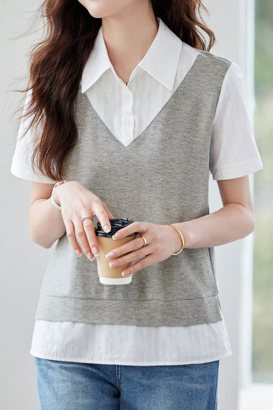 Color-block patchwork pullover shirt - liwisi