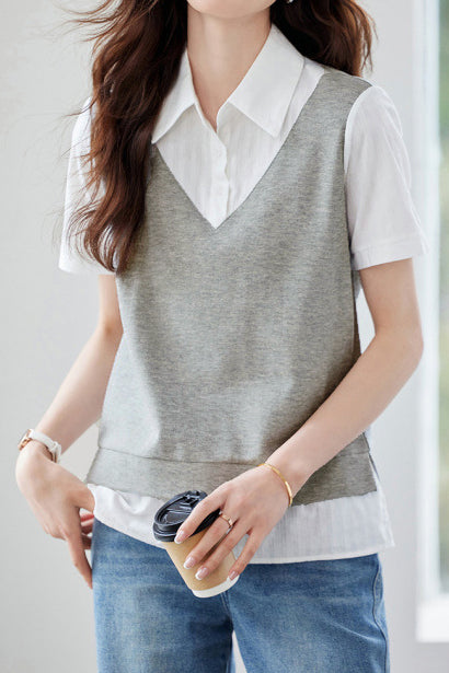 Color-block patchwork pullover shirt - liwisi