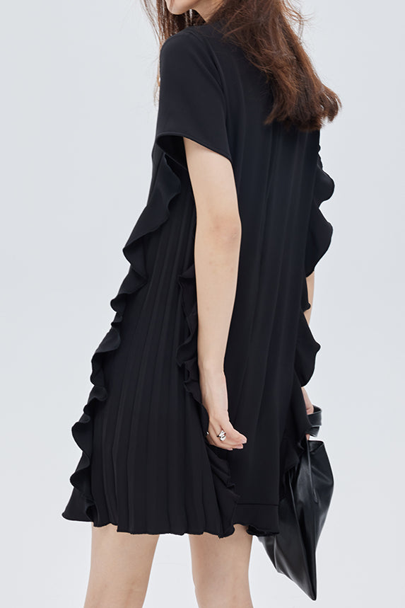 Patchwork ruffle accordion pleat dress - liwisi