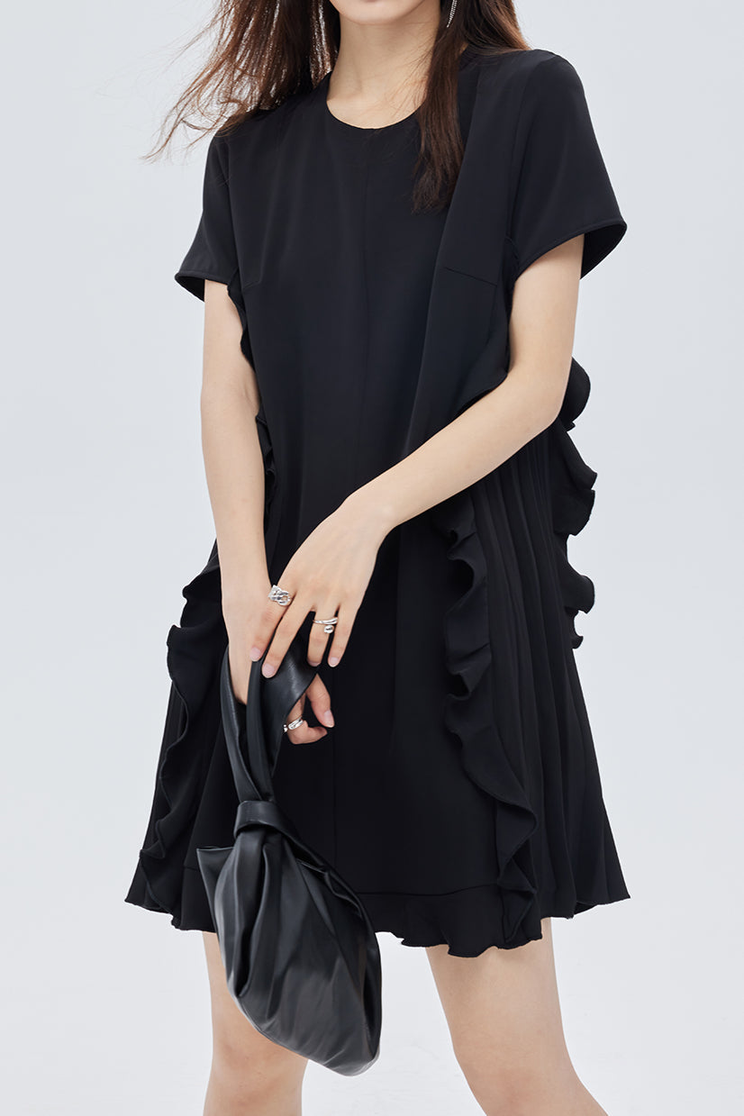 Patchwork ruffle accordion pleat dress - liwisi