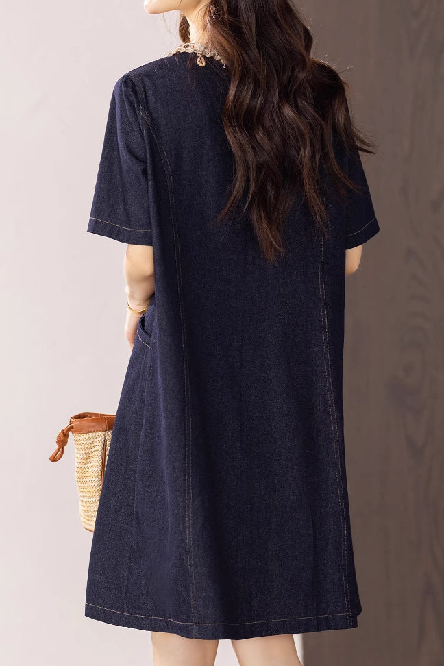 Fashion Casual Ribbon Spliced Denim Dress - liwisi