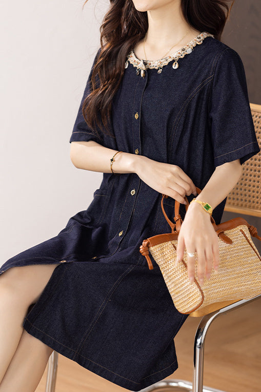 Fashion Casual Ribbon Spliced Denim Dress - liwisi