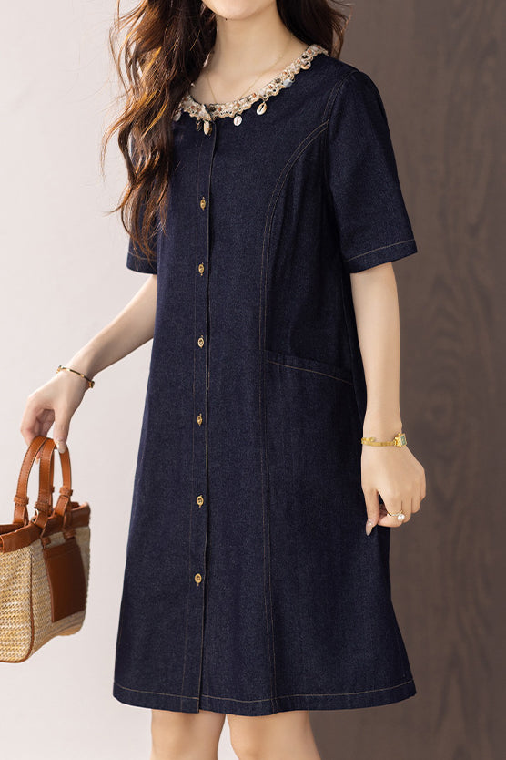 Fashion Casual Ribbon Spliced Denim Dress - liwisi